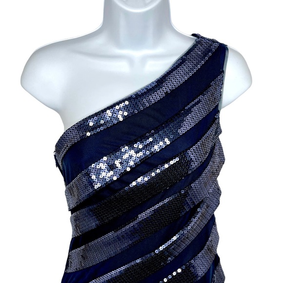 Tadashi Shoji Navy Sequin One Shoulder Cocktail Dress Size 2 - Picture 3 of 8